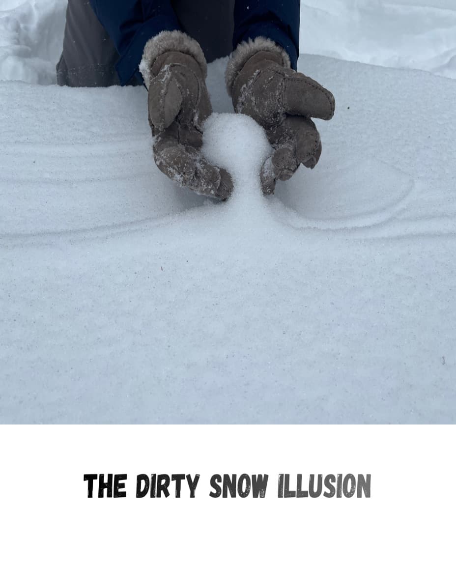 Hands holding fresh white snow with untouched snow in the background appearing gray