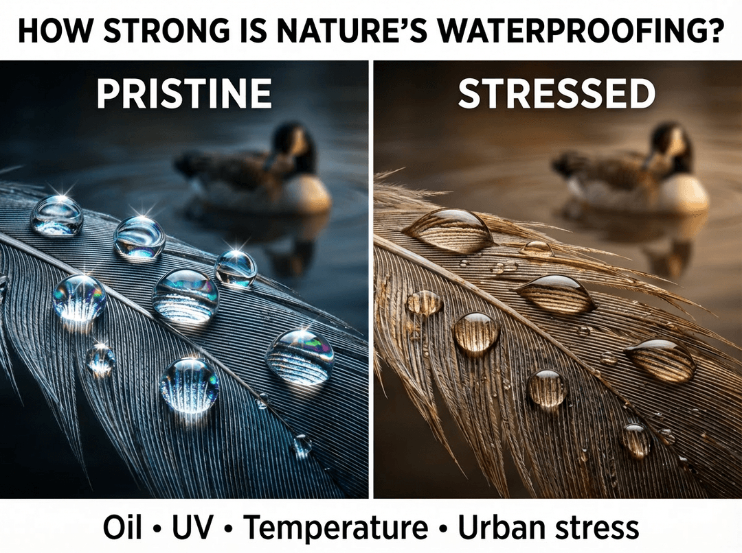 Water droplet beading on a feather surface