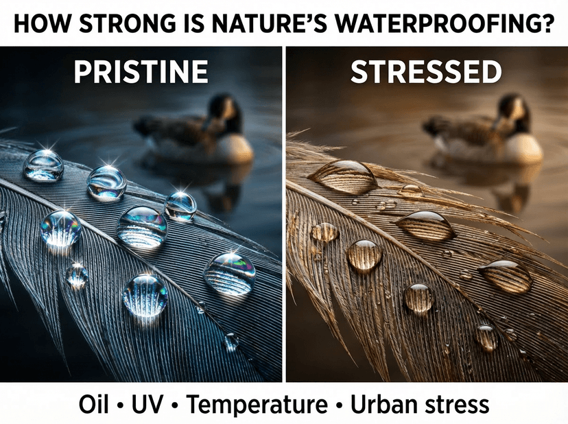 Water droplet beading on a feather surface