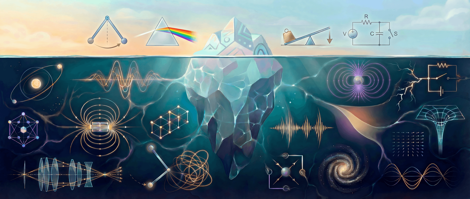 Iceberg metaphor for physics understanding - surface level shows basic concepts like Newton's cradle and levers, while deeper understanding below reveals waves, electromagnetism, optics, circuits, and cosmic physics