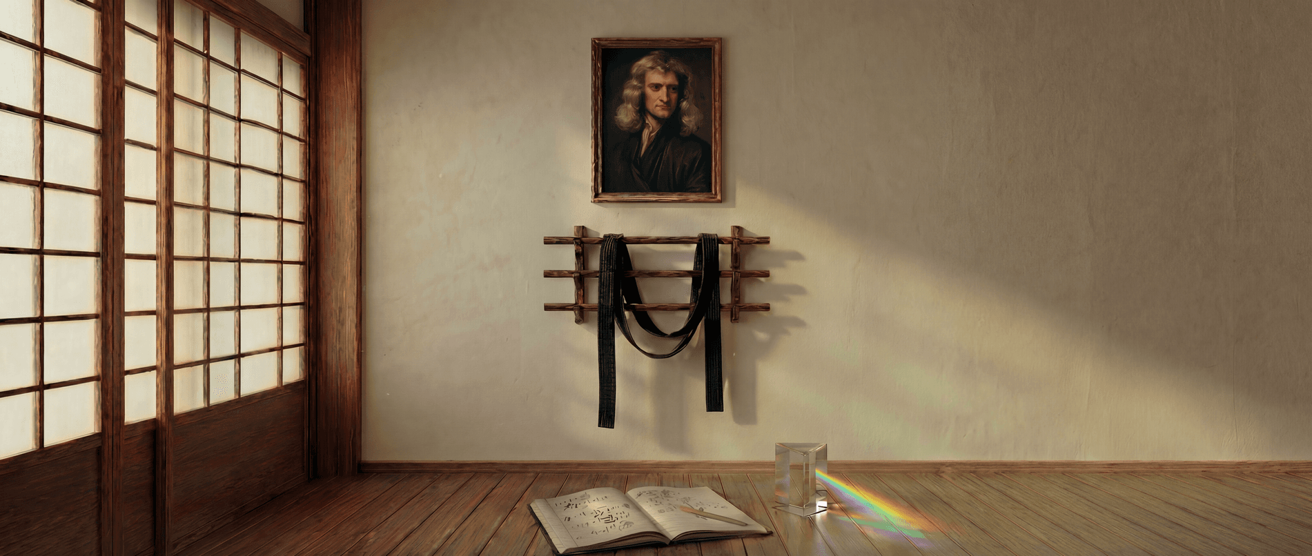 Princeton Physics Dojo - a traditional dojo setting with Newton portrait, belt rack symbolizing mastery progression, and physics diagrams on scrolls