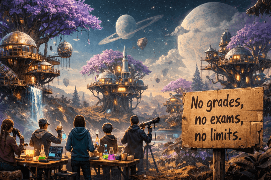 Teenagers gathered around a workbench on a lush alien world with purple trees, treehouses, and planets visible in the sky. A sign reads: No grades, no exams, no limits.