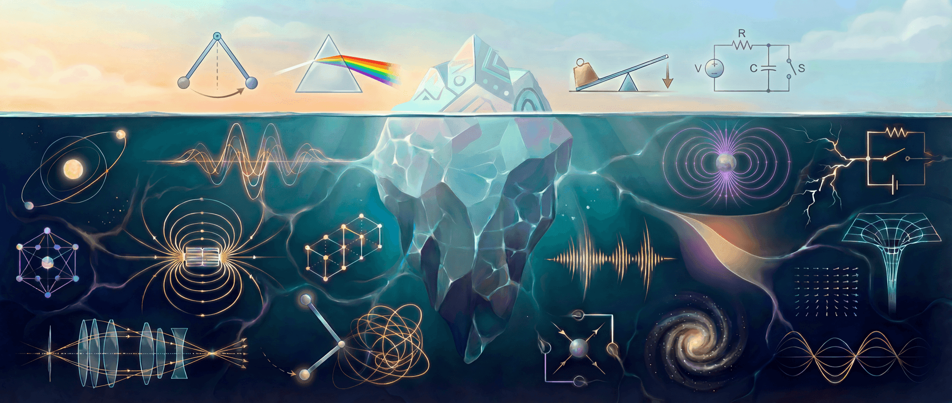 Gifted students working on advanced physics problems - iceberg metaphor showing deep understanding of waves, electromagnetism, optics, circuits, and cosmic physics