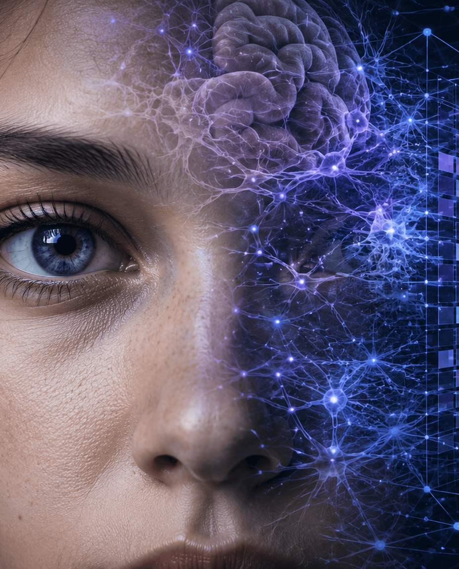 Half a human face beside a glowing neural network, the brain and its neurons dissolving into the stacked layers of a convolutional network