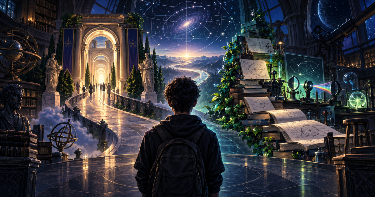 A student considers two paths that converge, one through an academic arch and one through books, equations, and physics experiments