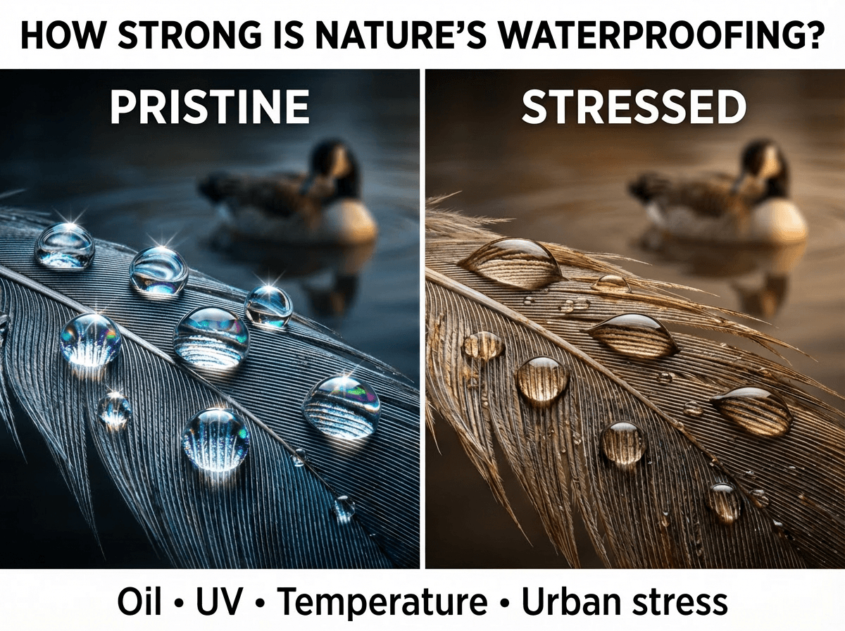 Water droplet beading on a feather surface