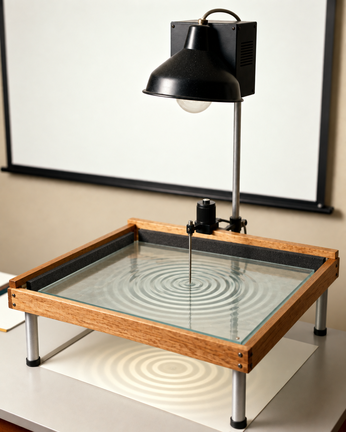 A shallow ripple tank with a motor-driven dipper, overhead lamp, and wave pattern projected below