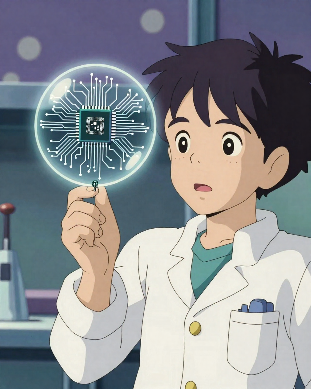 Anime-style illustration: a teenage scientist holds up a single tiny silicon chip on a fingertip while a glowing magnified circle reveals the vast nanoscale circuitry hidden inside it, the staggering complexity packed into something smaller than a wavelength of light.