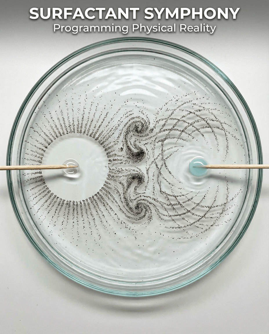 Pepper particles dispersing across water surface from soap contact