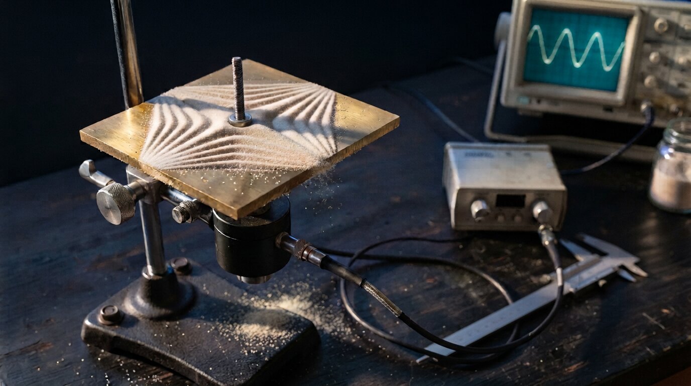 A brass Chladni plate clamped above a transducer on a cast-iron laboratory stand, its surface carrying a pattern of fine sand, with a signal generator and an oscilloscope showing a sine trace on the bench beside it