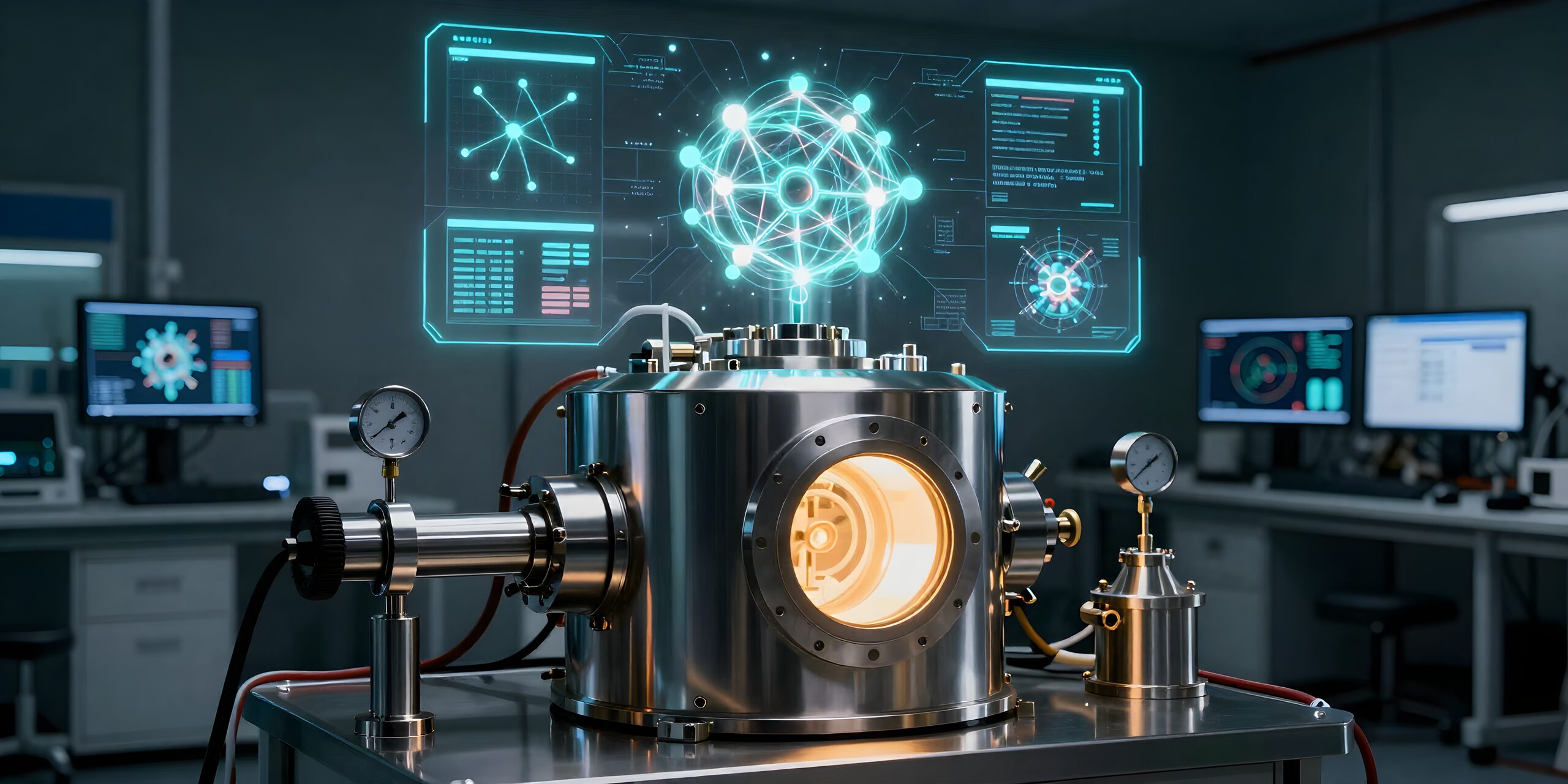 A stainless-steel physics vacuum chamber with gauges and a glowing amber viewport, overlaid with a cyan holographic neural network and data dashboards, in a research lab