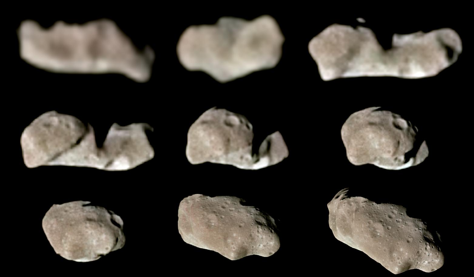 Nine views of the elongated asteroid Ida at different phases of its rotation