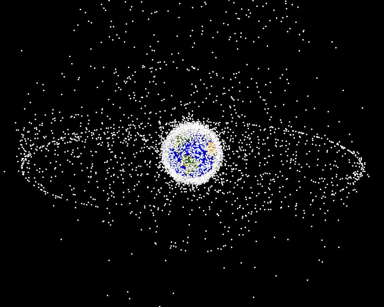 Computer-generated map of tracked objects in Earth orbit, showing the dense low-orbit shell and the geostationary ring