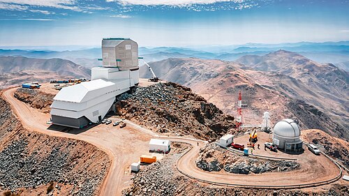 Drone view of the Vera C. Rubin Observatory on Cerro Pachón