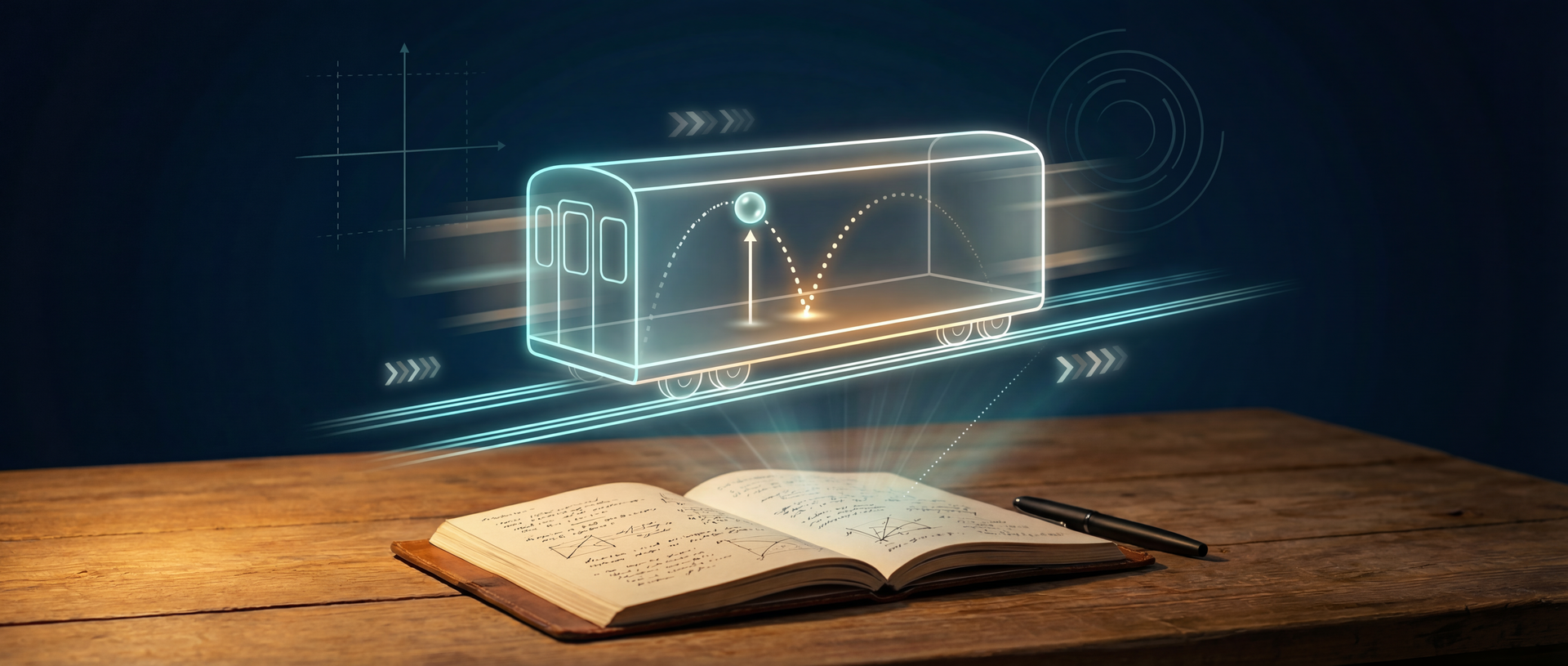 Physics thought experiment visualization - train scenario illustrating motion and reference frames